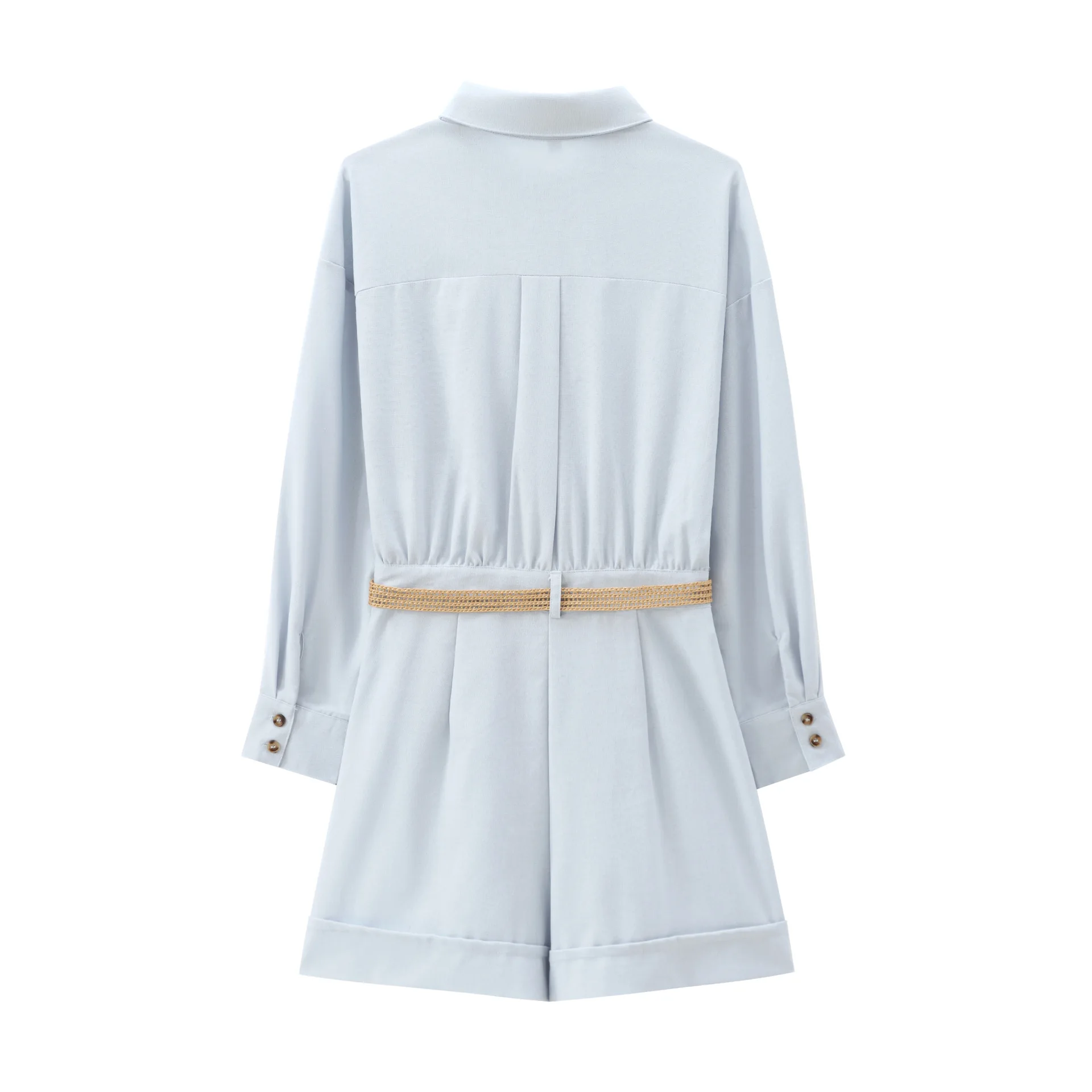 2025年秋新作 ライトブルー レディースジャンプスーツ 襟付きポケット ベルト飾り付き プレイスーツ カジュアル バケーション ショートロンパース