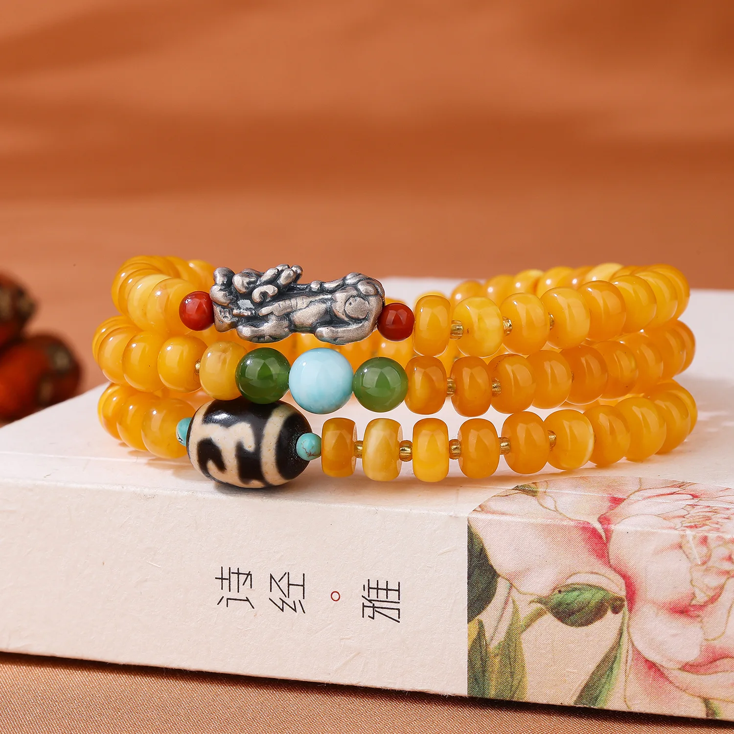 Chinese Style Natural Beeswax Triple Circle Bracelet Beeswax Shouchun Bracelet Agate Tianzhu Attracting Fortune Accessories