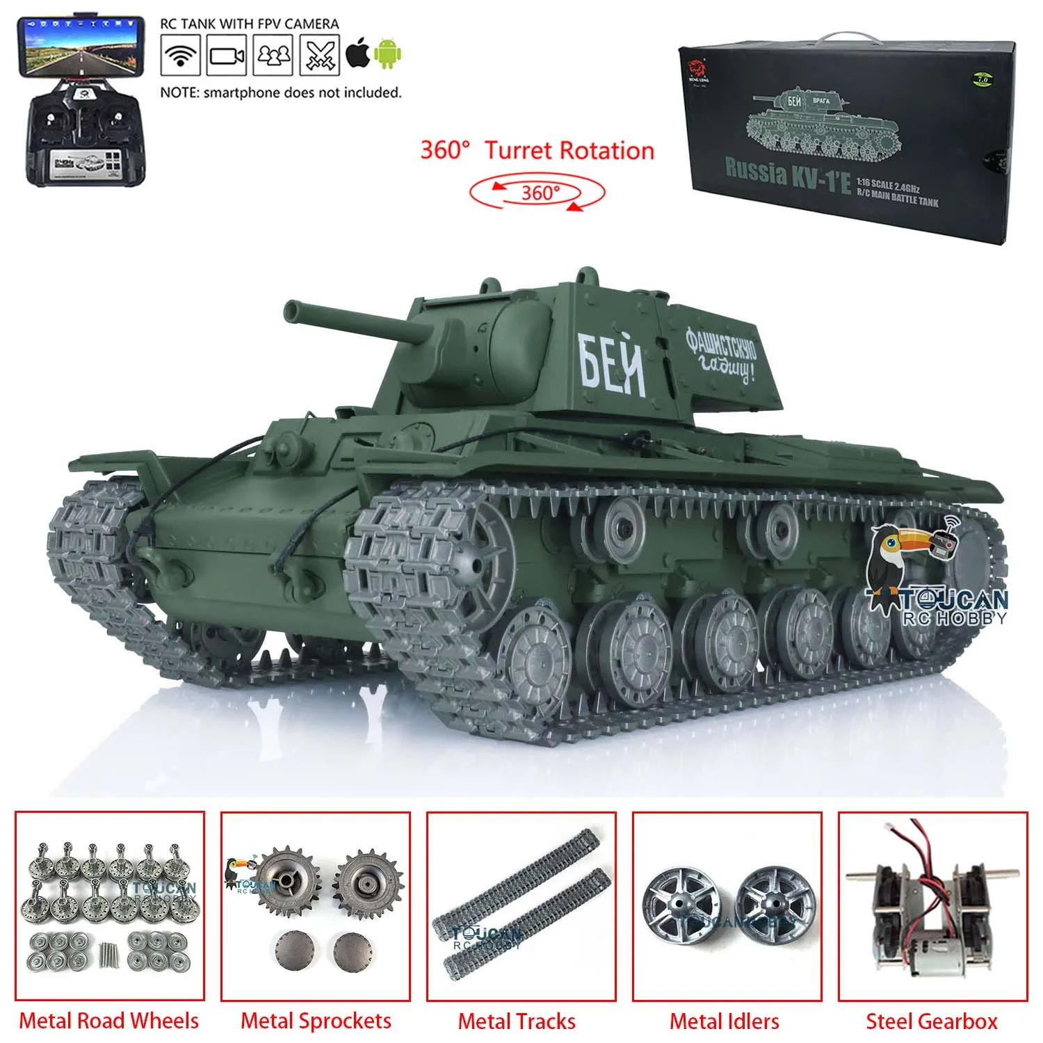 Henglong 1/16 7.0 Pro Ver Soviet KV-1 FPV  RC Tank 3878 Metal Tracks Wheel 360 Turret Rotation Engine Sound TH17468-SMT7