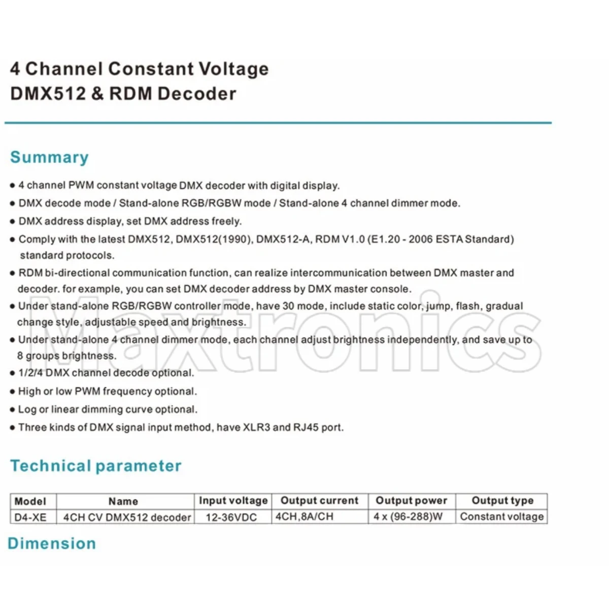 DMX512 RDM LED Decodificador Controlador D4-XE 4CH PWM Tensão Constante CV Com Display Digital XLR3 RJ45 DC12V 24V 36V Entrada 8A * 4CH