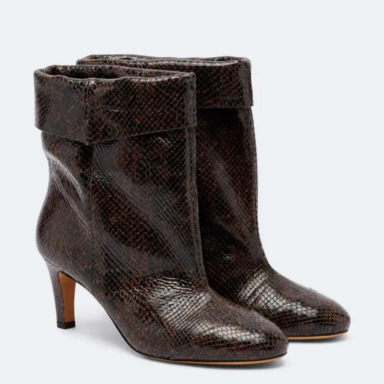 Autumn/Winter Women Snake Print Ankle Boot Round Toe Slim High Heel Fold Over Top Collar Slip On Vintage All Match Short Booties