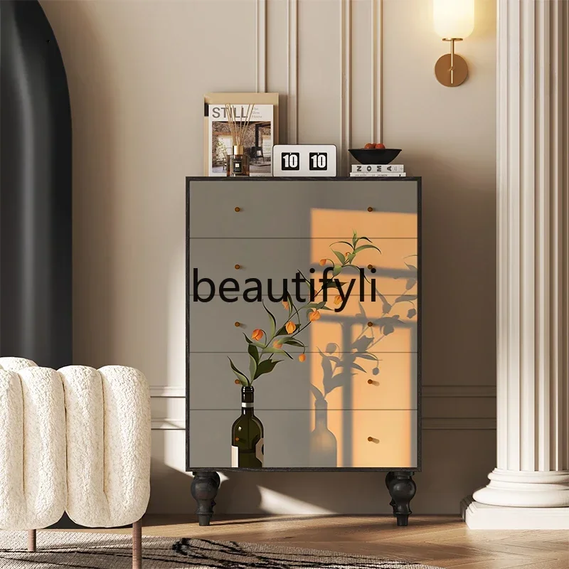 Modern light and shadow flower decoration solid wood Wudou living room entrance balcony storage cabinet
