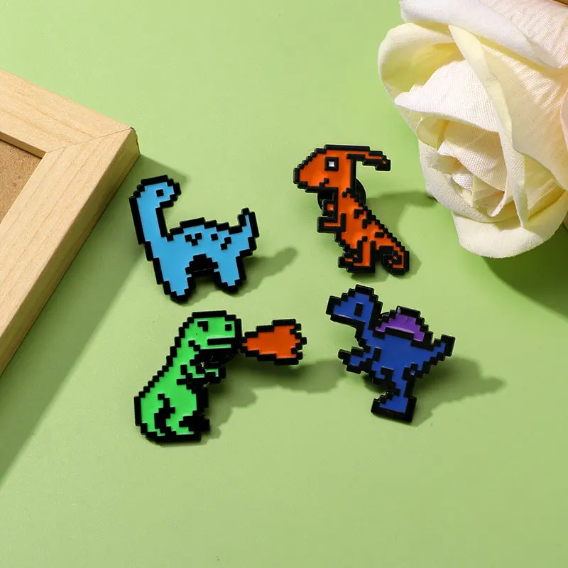 Cute Cartoon Dinosaur Enamel Brooch Creative Pixel Mosaic Style Spitfire Lapel Pin Badge Backpack Clothing Hat Accessories BR007