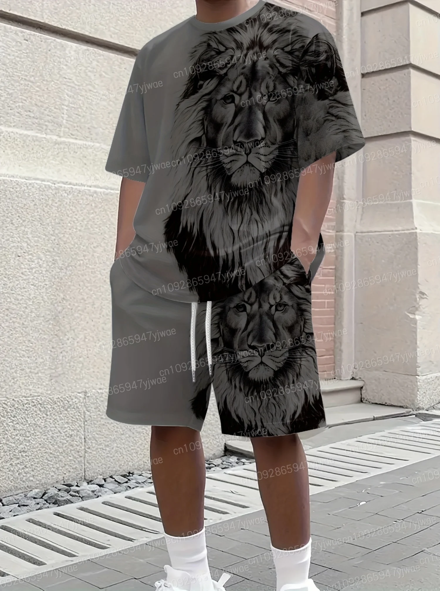 American Classic Lion Print Plus Size Sport T-Shirt+Shorts Set Men Gym Jogging Luxury Tracksuit Outfit 2 Piece Set Men Clothes