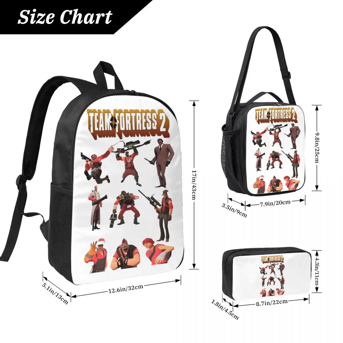 Team Fortress 2 TF2 Backpack Boys Girls BookBag School Bag Laptop Shoulder Bags 3ps Insulated Lunch Bag Pencil Case