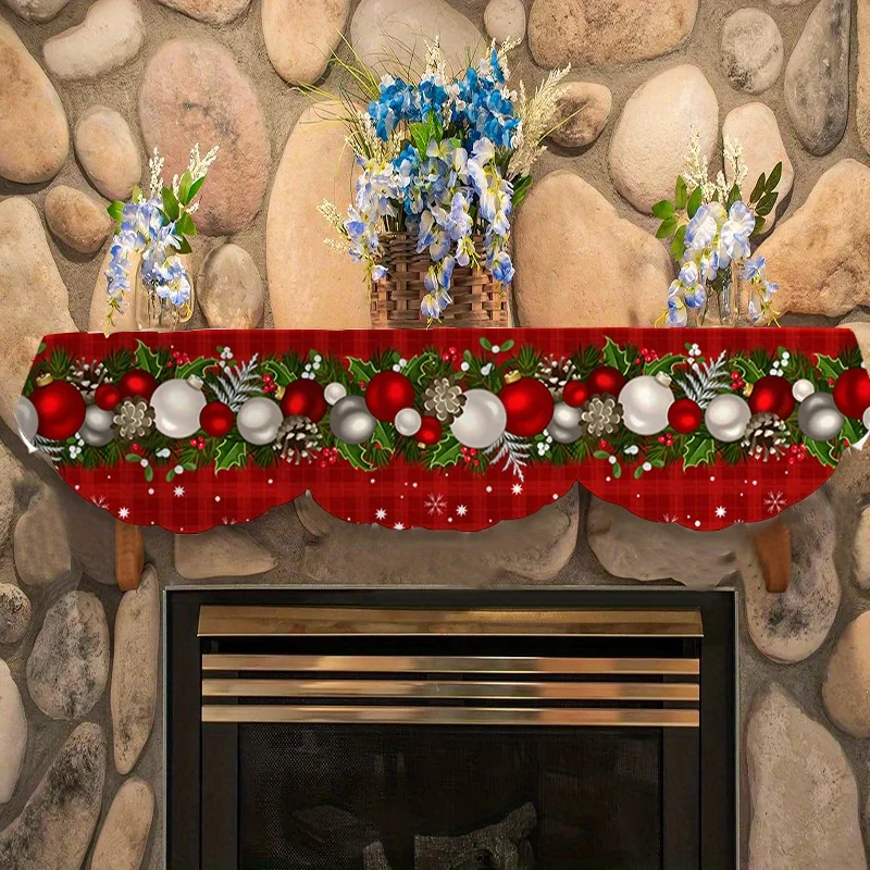 Christmas Fireplace Mantel Scarf Red Plaid Bauble Poinsettia Mantel Topper Xmas Fireplace Shelf Cover Farmhouse Home Decor