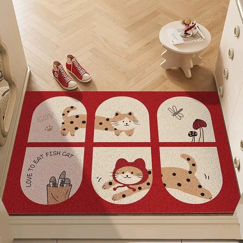 VIKAMA Red Happy Black Kitty Cartoon Welcome Mat Grip Backed Entryway Carpet Cute Animal Floor Padding Space Decor Accent Soft