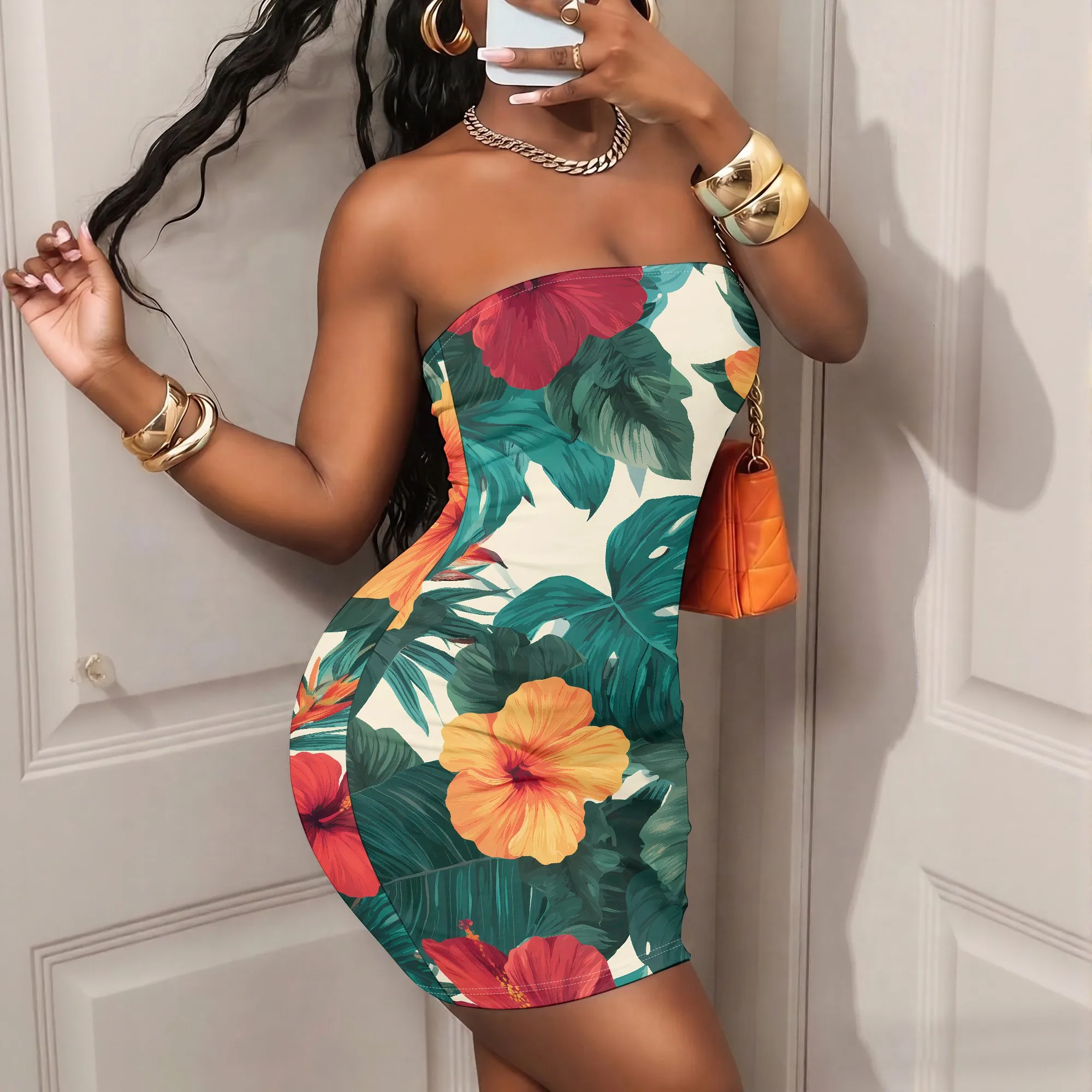 Floral Print, Strapless Dress, Tropical Leaves Hibiscus Pattern, Bodycon Fit Mini Length, Party Club Wear XS-XL