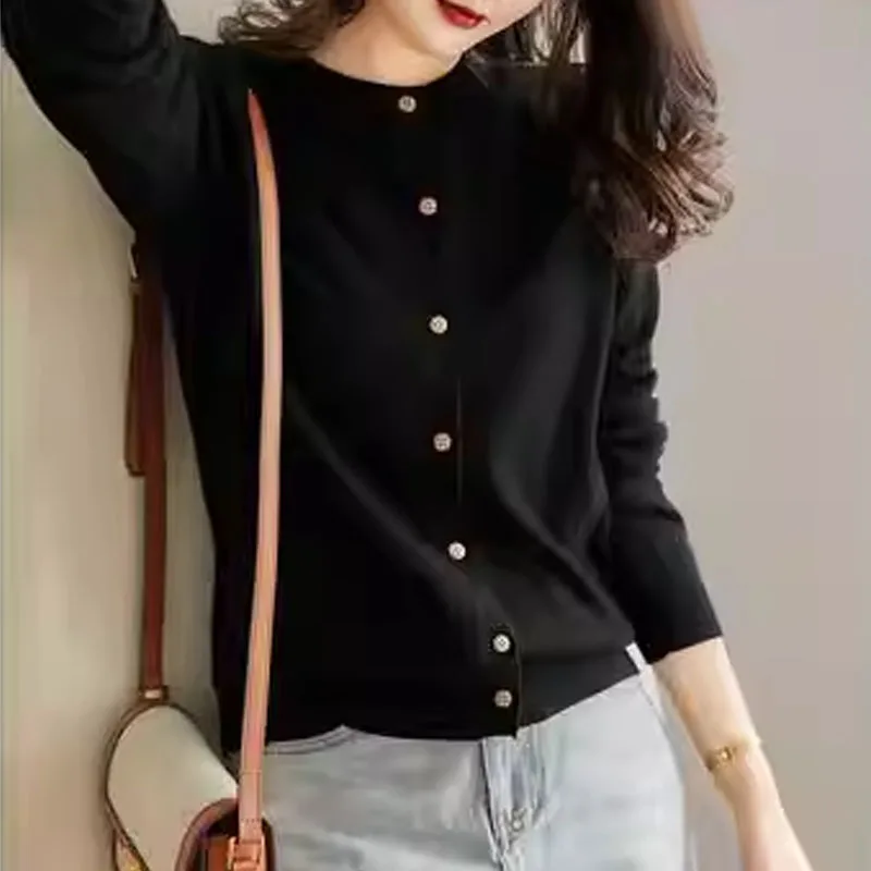 여성용 긴 소매 블랙 니트 스웨터 여성 가디건 신상품 O넥 니트 스웨터 가디건 여성 상의 니트웨어 Q2725