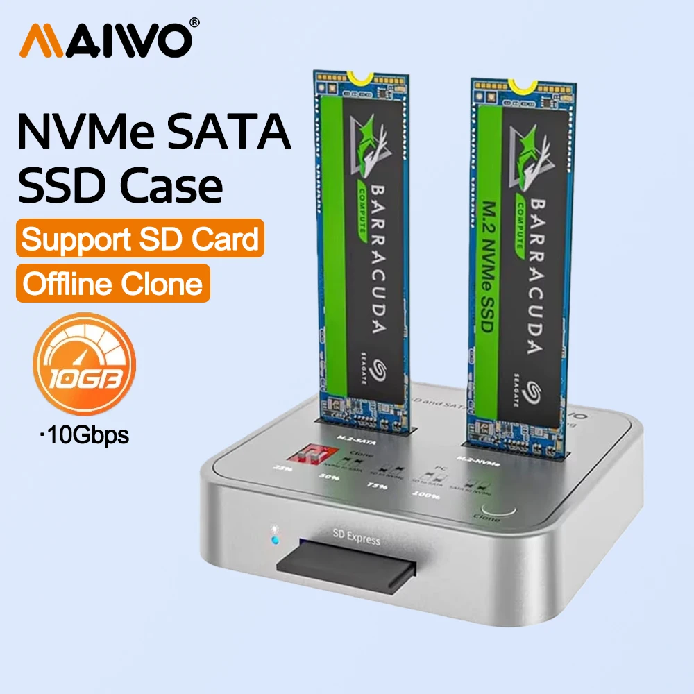 MAIWO SATA/NVMe Docking Station 10Gbps USB-C M.2 SSD Duplicator with SD Express Slot Offline Clone Dual M.2 SSD Reader & Write