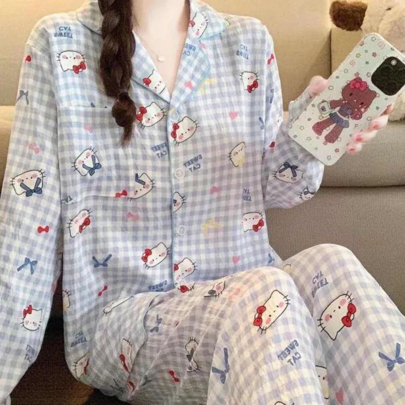 

Комплект пижам Sanrio Hello Kitty в клетку с мультяшным рисунком для женщин и студенток, для дома и улицы, весна-осень, в японском стиле, с длинными рукавами и длинными брюками