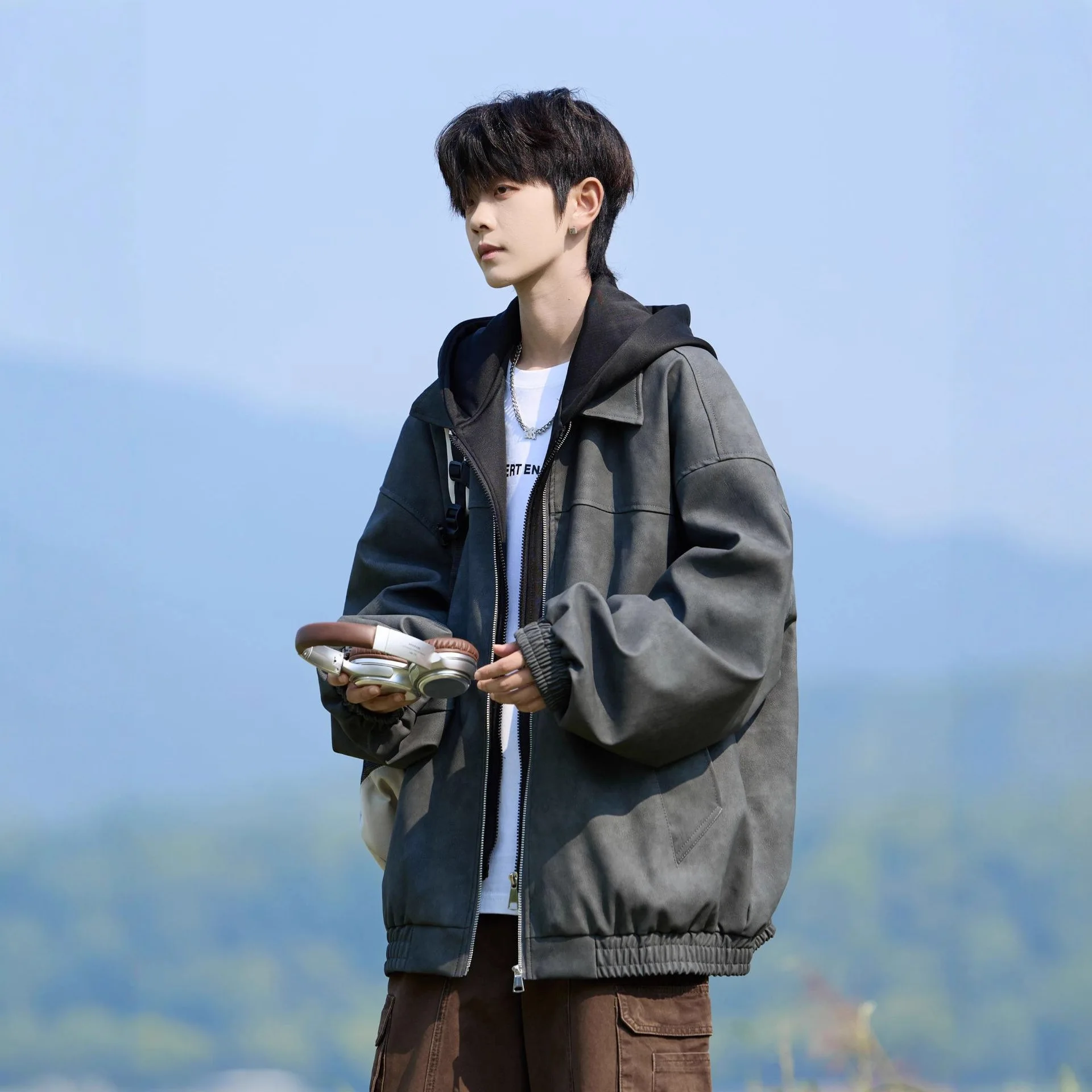 

2025 Winter New Fashion Leather Jacket Men's Fake Two-Piece Comfortable Casual Boys Jacket Boutique Clothing Simple Style