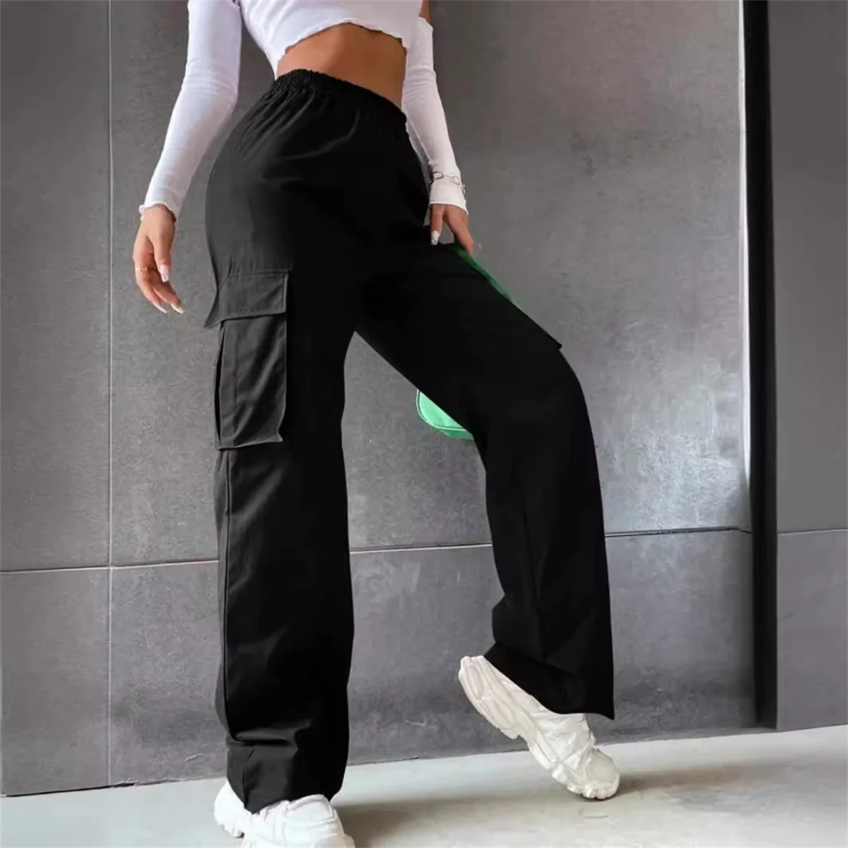 Chic Women Big Pockets Cargo Y2k High Elastic Waist Drawstring Baggy Trousers Vintage Casual Loose Side Zipper Straight Pants