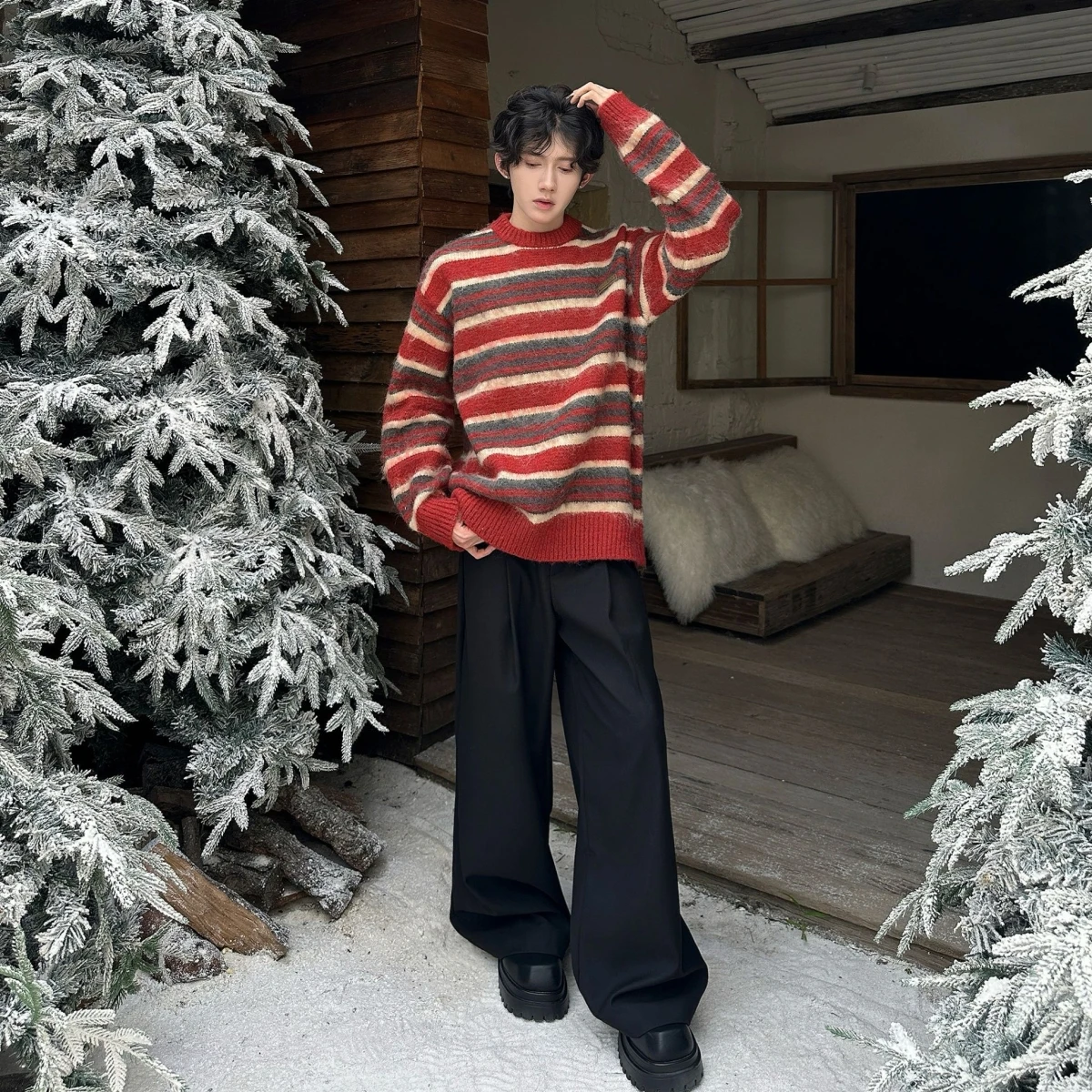 

Мужской свитер в полоску в стиле ретро, повседневный свободный круглый вязаный топ на осень-зиму, сезонный универсальный удобный полиэфирное волокно