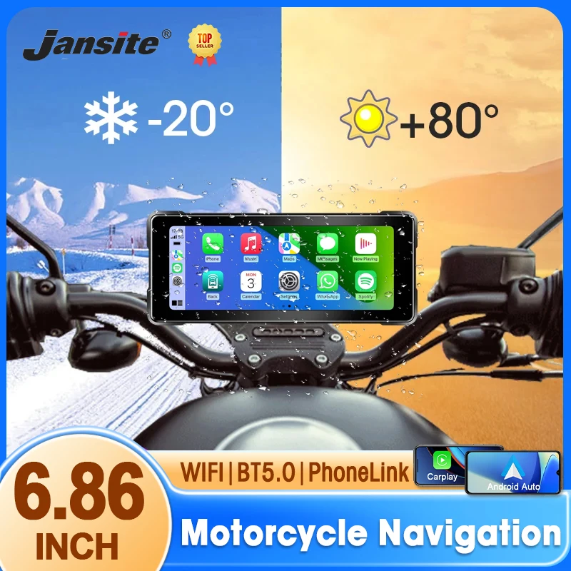 Jansite GPS sepeda motor, layar tampilan navigasi GPS sepeda motor portabel DVR sepeda motor tanpa kabel Android Auto IPX7 Monitor tahan air