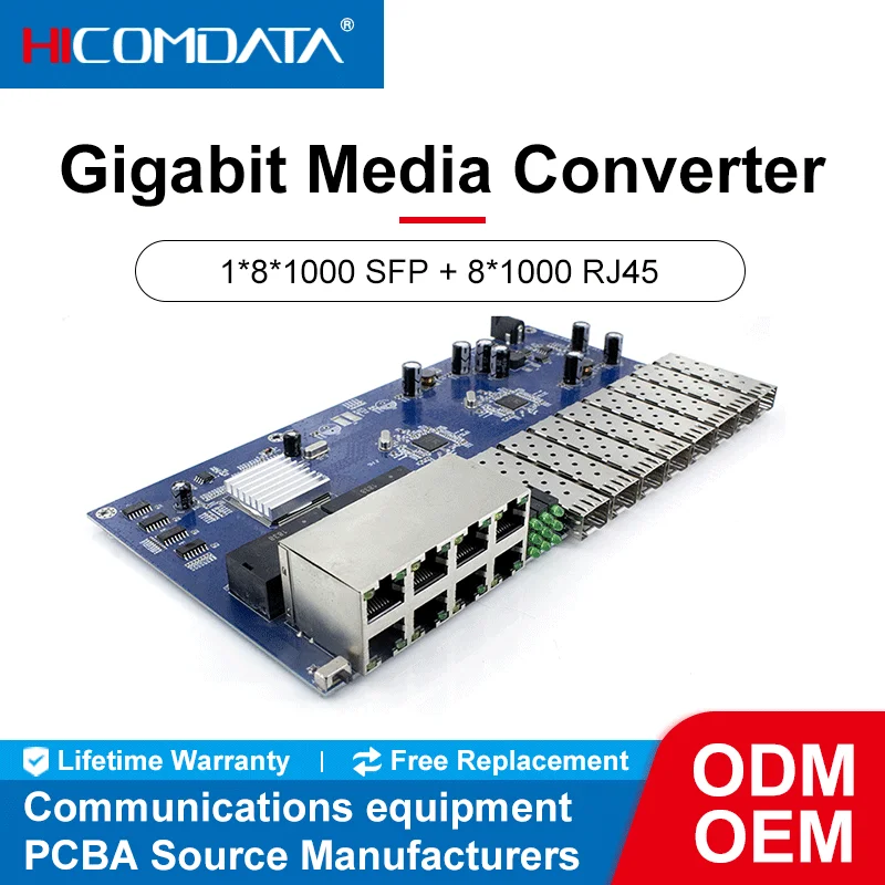 1 Gigabit optical port + 8 10M/100M/1000M ports Media Converter PCB Single Mode fiber Port PCBA 1000M