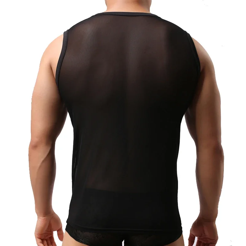 Men Mesh Lace Sheer Quick Dry Tank Tops Vest Male Sexy Singlet Transparent Shirt Black Sleeveless Net Bodybuilding Undershirts