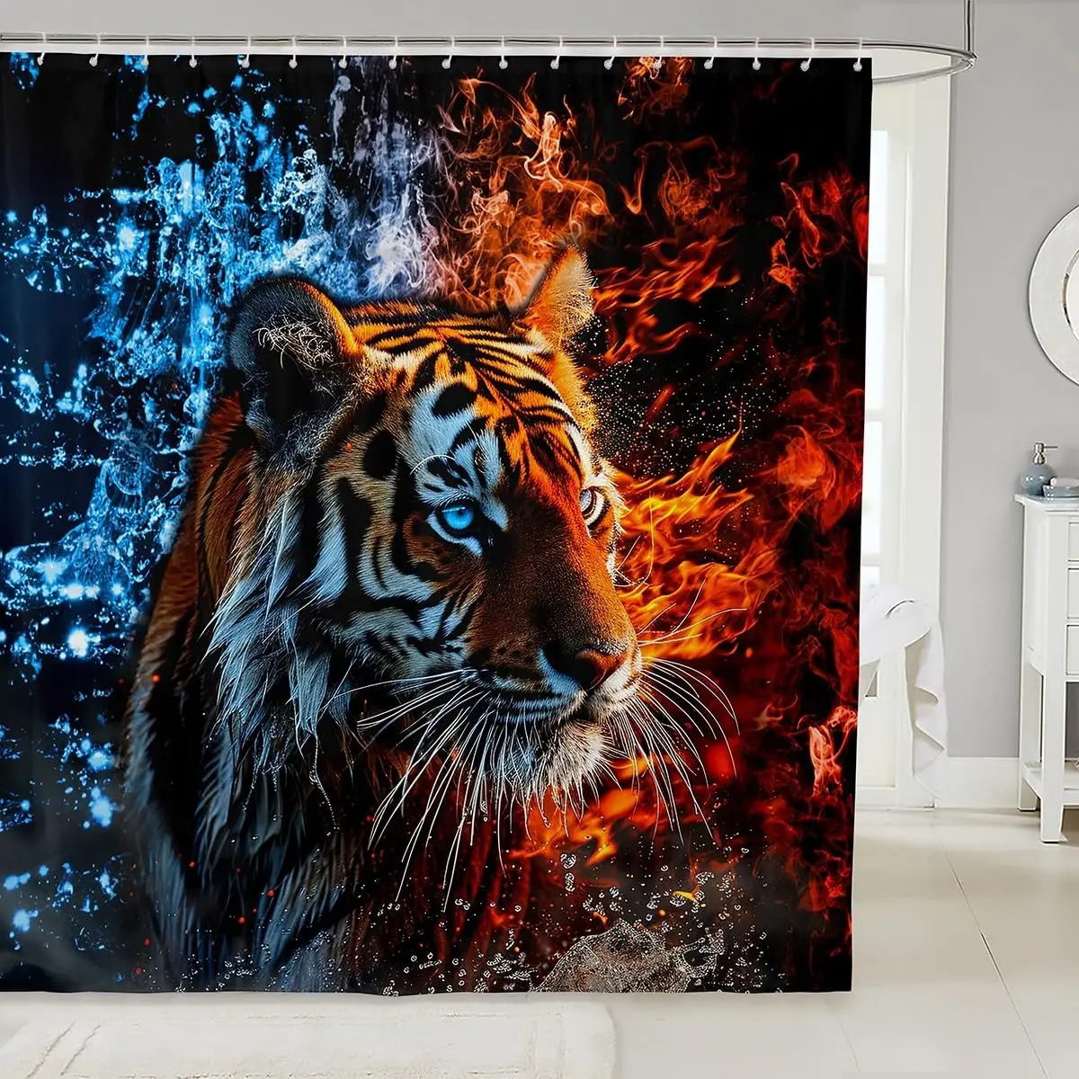 Tiger Shower Curtain Boys Girls Kids Women Men Cool Fire Animal Print Wild Wildlife Bathroom Decor Hooks