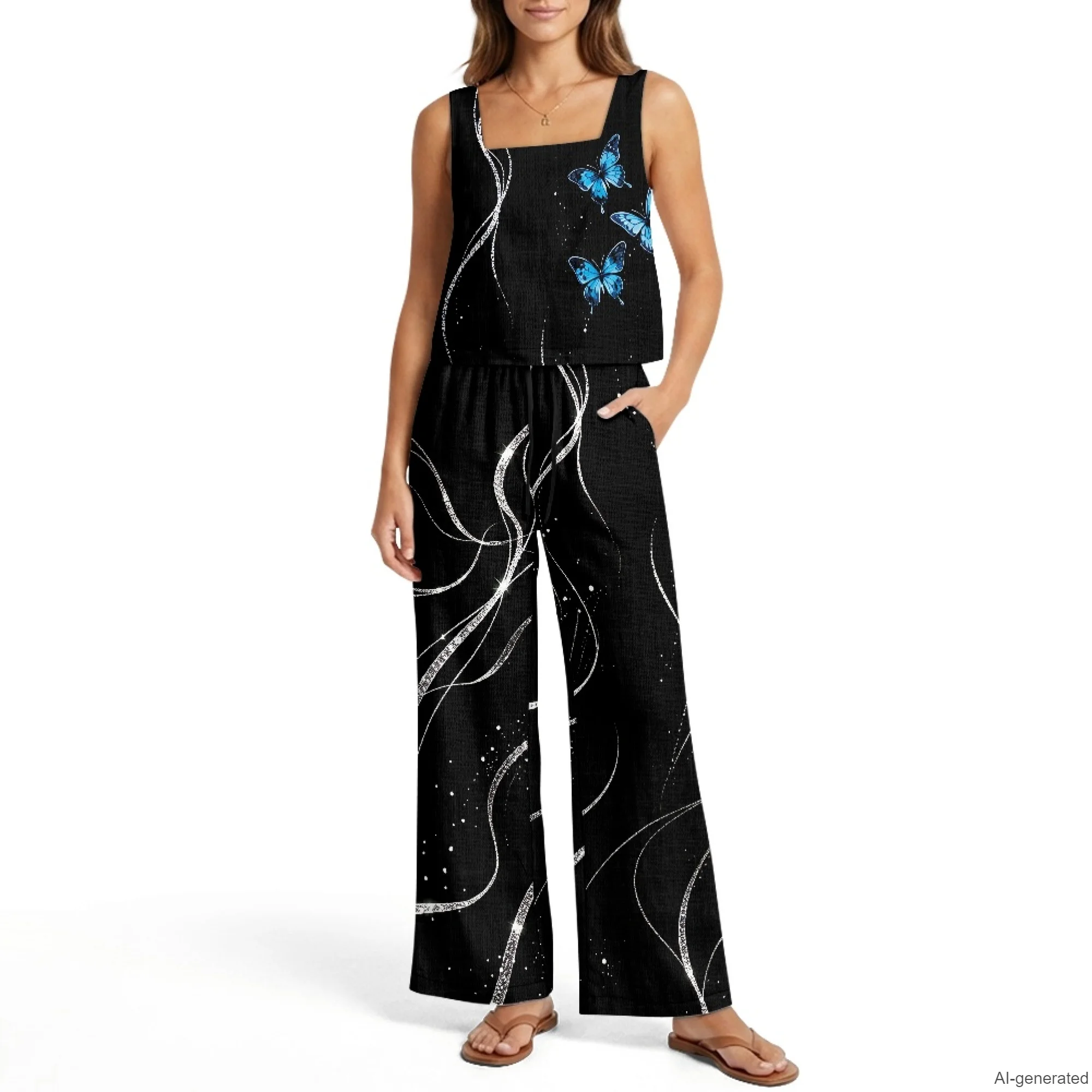 INSTANTARTS Women's Vest Wide-Leg Pants Linen Suit 2Pc Summer Casual Outfits Butterfly Sleeveless Vest Wide Leg Pants S-2XL