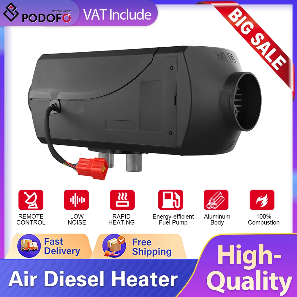 Chauffage au diesel Podofo 5-8KW 12V pour voiture, bateau et camion, avec télécommande et interrupteur rotatif.