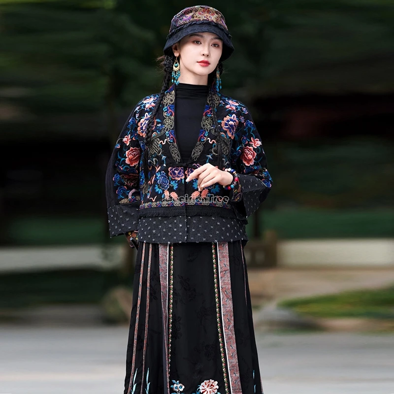 2025 new chinese national style embroidery flower loose style autumn retro v-neck long sleeve splicing design daily blouse t001