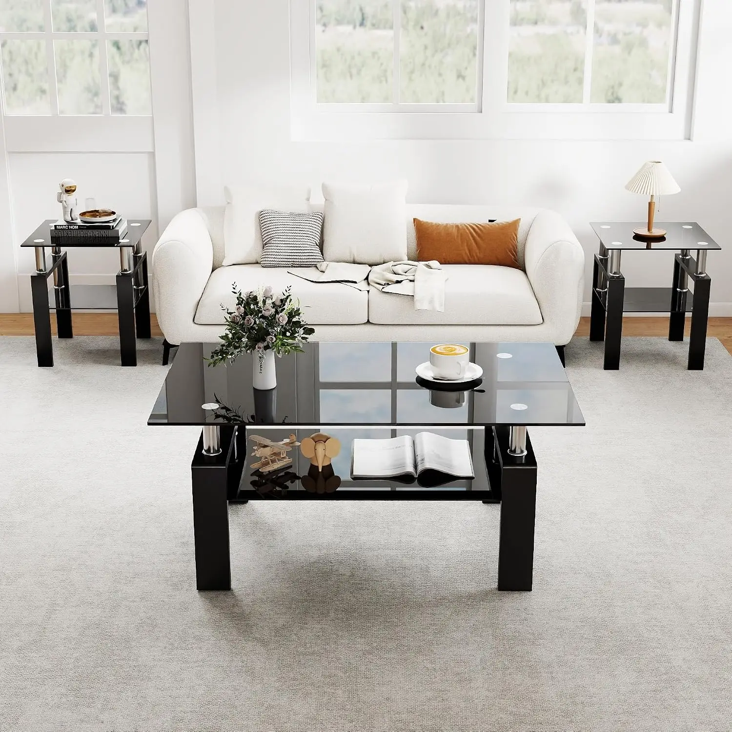 Modern Tempered Glass Coffee Table Set 3 Piece Living Room Office Apartment Small Space Black, Customized