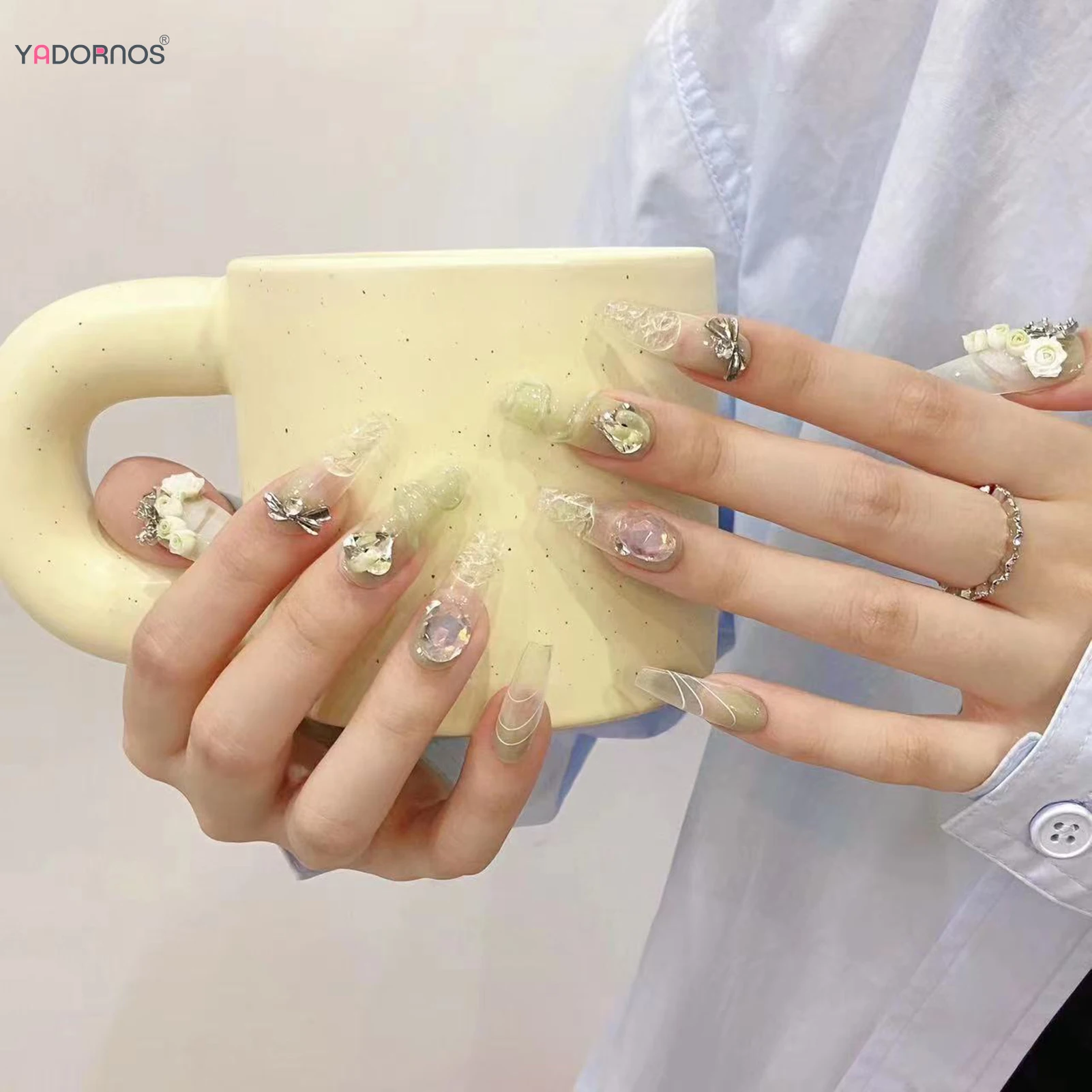 Luz verde unhas postiças artesanais, bailarina longa, borboleta, bowknot, flor, design de strass, manicure wearable, 10pcs