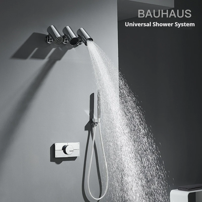 

FARRETE luxury brass recessed showerhead wall-mounted thermostatic shower system hidden embedded pre-buried waterfall nozzle