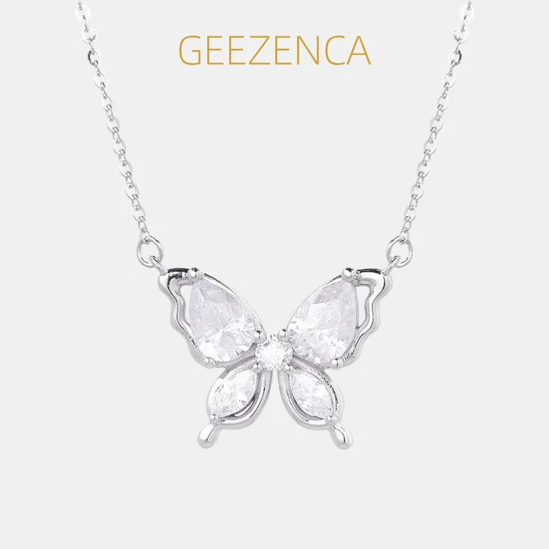 GEEZENCA 925 Sterling Silver Cubic Zirconia Thin Chain Big Butterfly Charm Pendant Necklace Women Dainty Sparkle Necklaces Gift