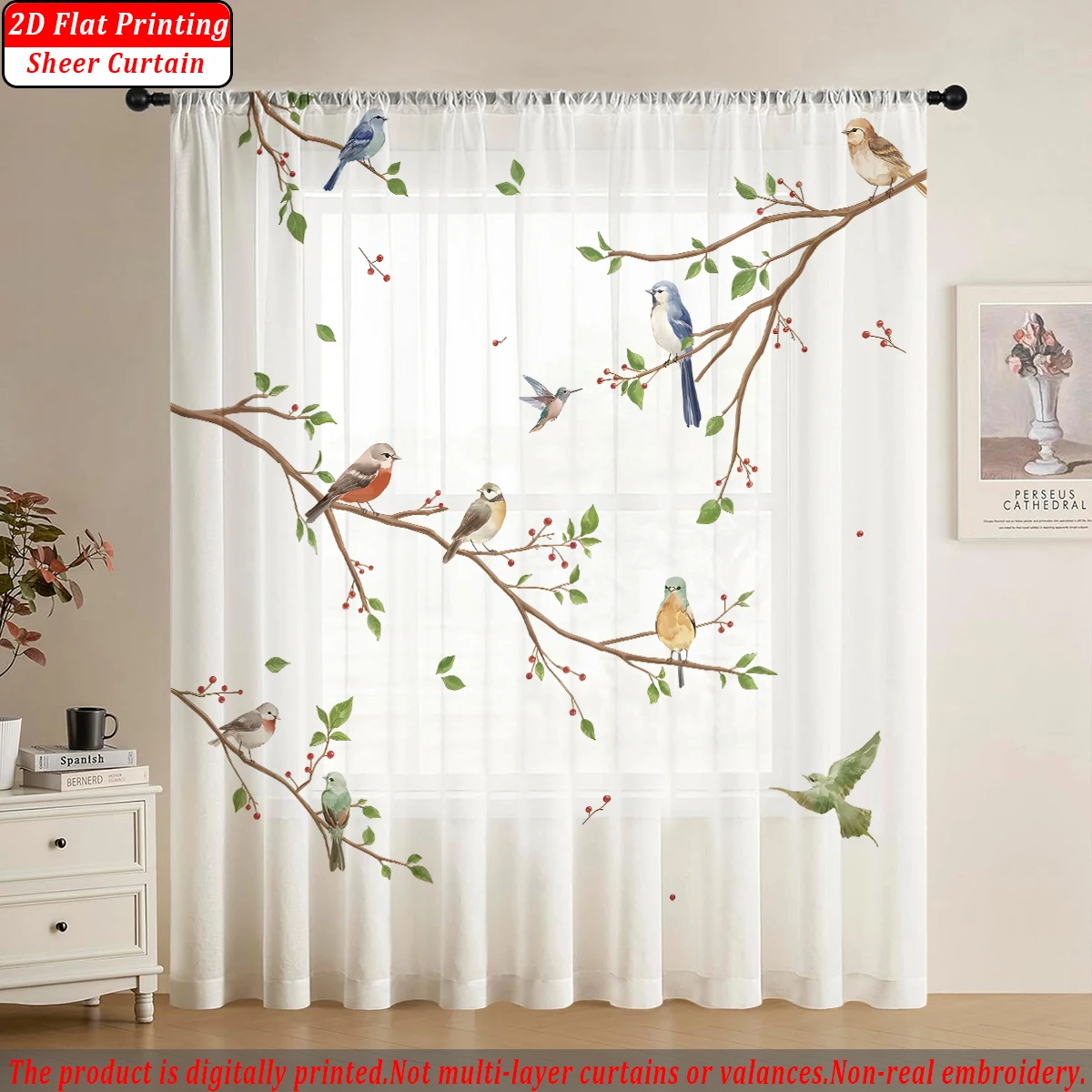 Branches Flying Birds Flat Printing Sheer Curtain，Light Fabric，for Living Room Bedroom Home Door and Window Decor