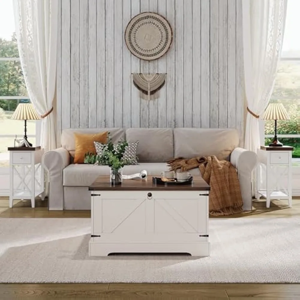 Farmhouse Coffee Table com armazenamento escondido, Grande Square Center com Lifting Top e Flip Drawer