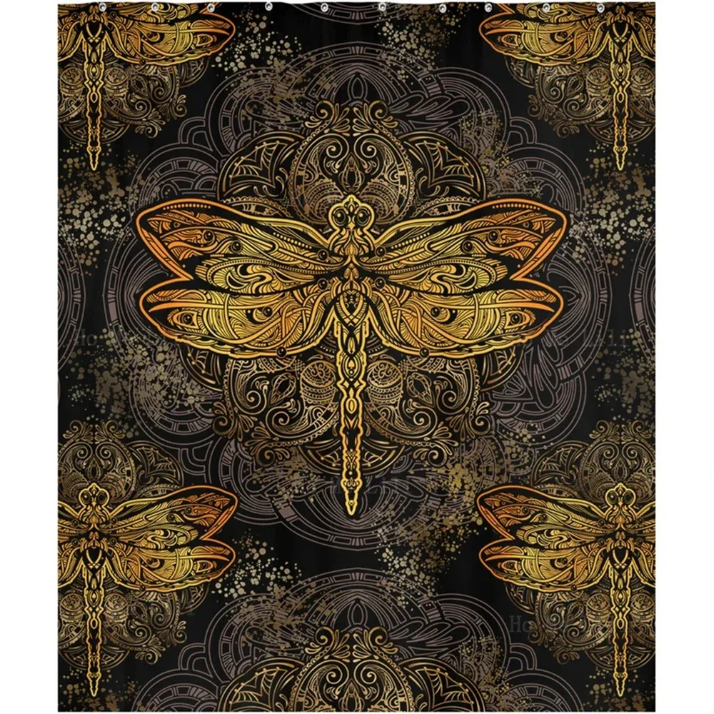 Gold Dragonfly Exquisite Dark Beautiful Dragonflies Cottagecore Mushroom Forest Witchy Snake Owl Animal Shower Curtain