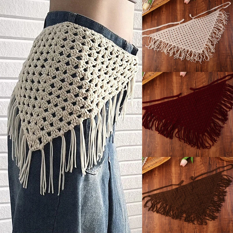 Y2K Hollow-Out Fringe Triangle Scarf For Women Spring Adjustable Layering Accessory Versatile Waist Hip Wrap Fashion Bandana
