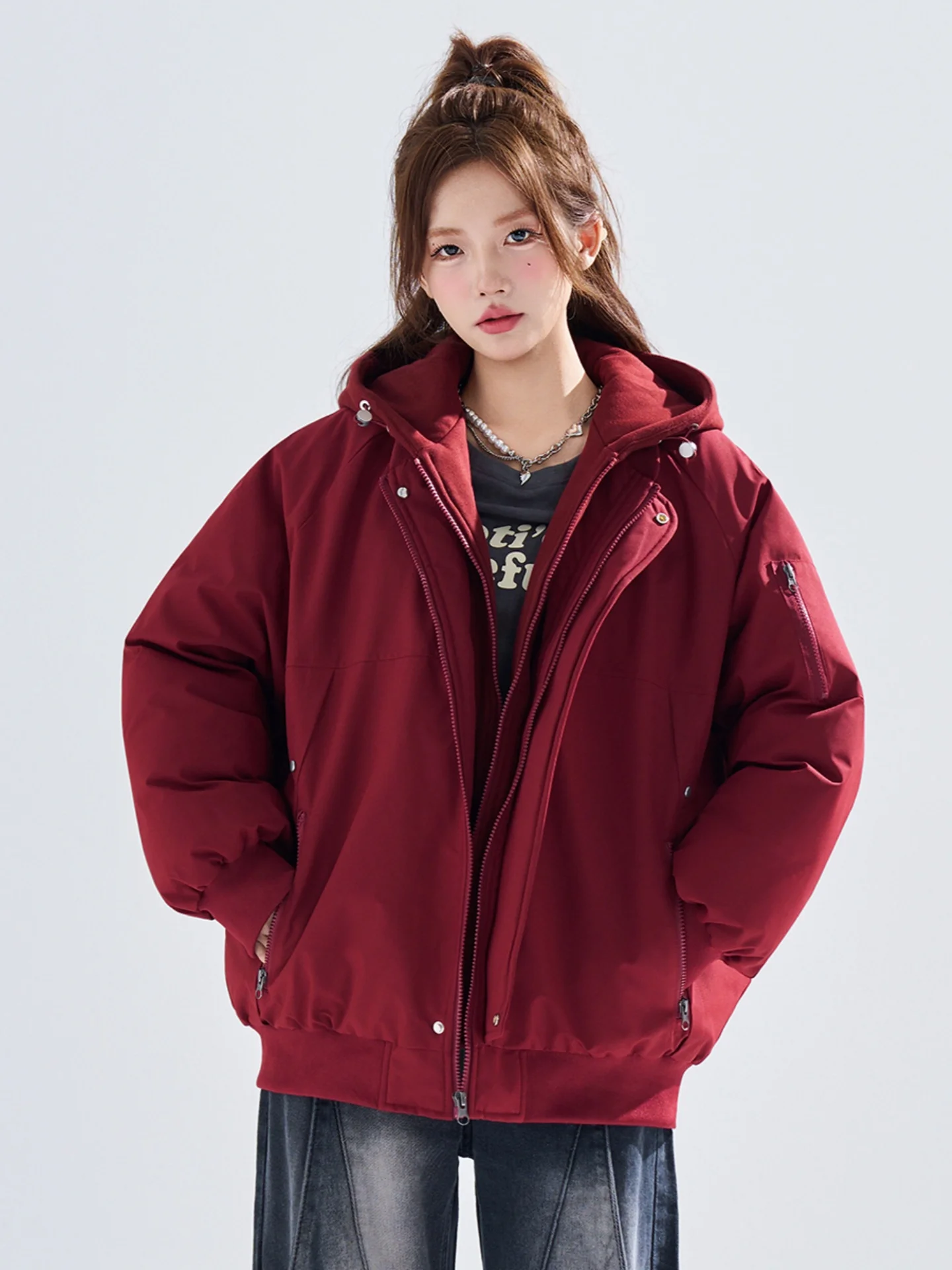 

Red Cotton Jaet Men's Thiened Winter Coat with Hood Design Sensation Fake Two-Piece Couple's Clothing Warmth Youth Sle