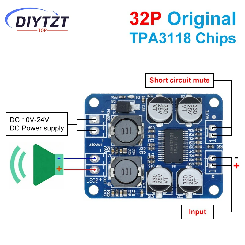 DIYTZT 1/3/5PCS DC 12V-24V TPA3118 60W Mono Digital Audio Power Amplifier Board Amp Module 32P chip original chip.