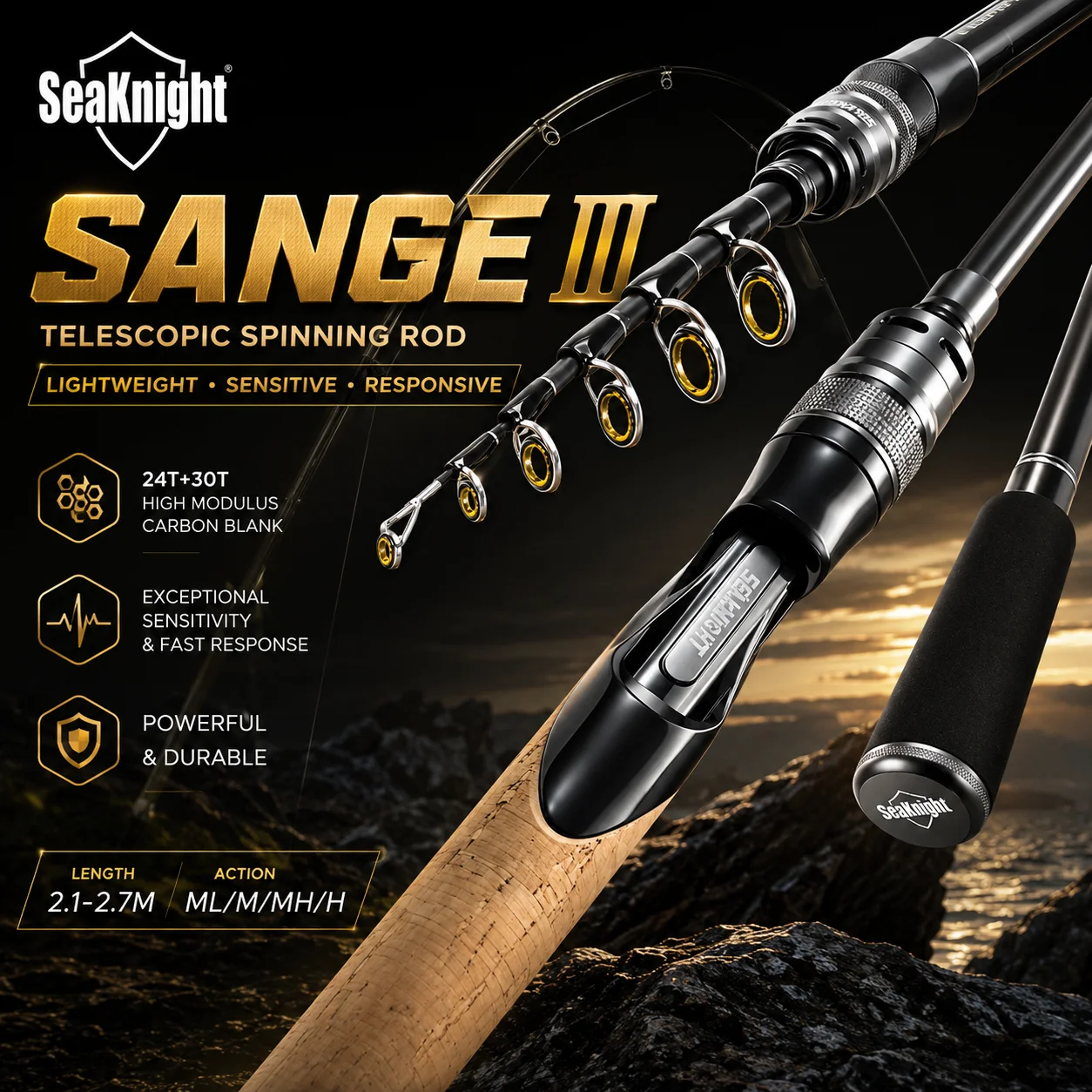 SeaKnight Brand Sange III Lure Rod 2.1M 2.4M  Carbon Rod Telescopic Lure Fishing Rod Spinning Rod Travel Rod 5-21g 7-25g