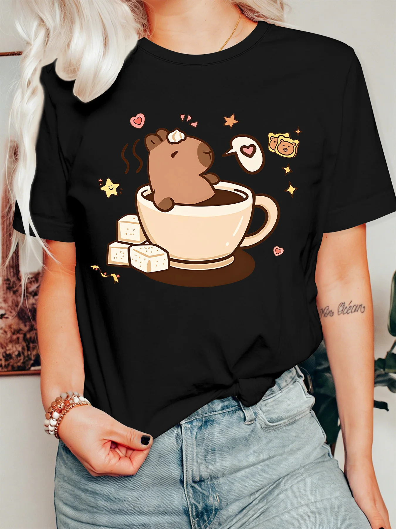 Relax Capybara In Coffee Cup Womens T Shirt Snack Star Heart Decor Cartoon Graphic Tee Short Sleeve Casual Daily Ladies Tops
