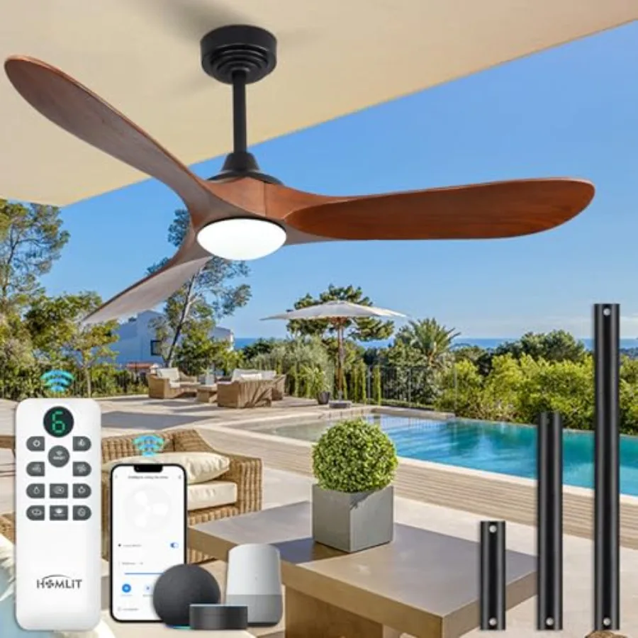 

52 Outdoor Ceiling Fan with Light and Remote via WiFi Alexa, Walnut Solid Wood Blades, Noiseless Reversible DC Motor, Smart Far