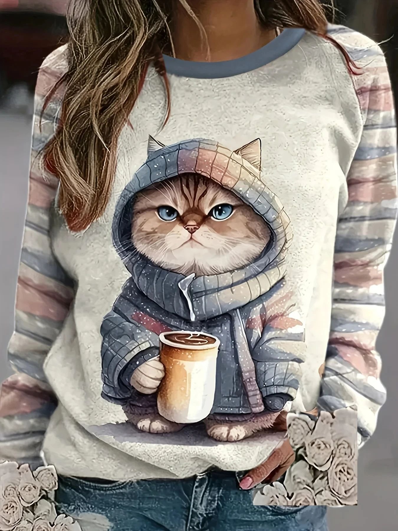 Women\'s Fashion Tops 3D Cat Print Casual T-Shirt Loose Sleeve Long Sleeve Round Neck T-Shirt Women\'s Harajuku Top