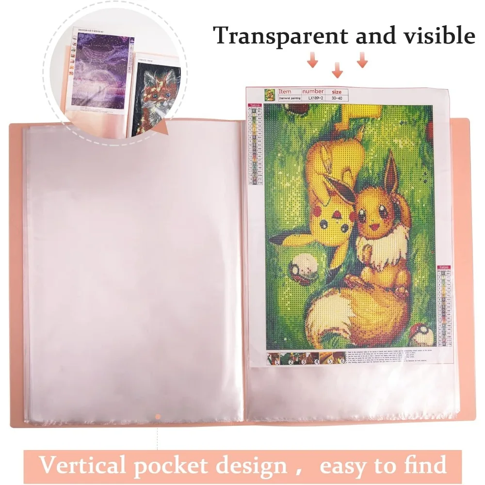 A3 Art Portfolios Case 40 Pages,Diamond Painting Storage Book,Pocket Protector with Index Stickers,11.8 x 16.5 inch Clear Sheet