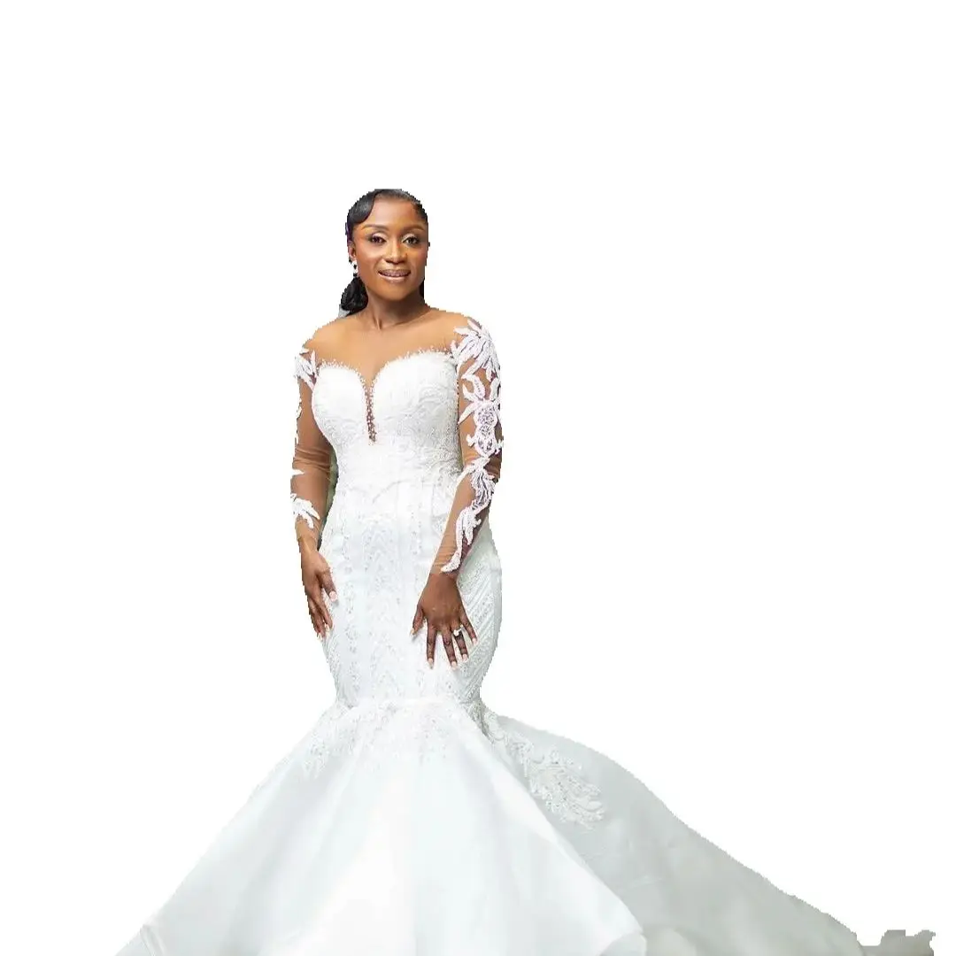 

Customized Arabic Shinny Appliques Beads Wedding Dress Robe De Mariee Chapel Train Garden Plus Size Long Sleeve Bridal Gown