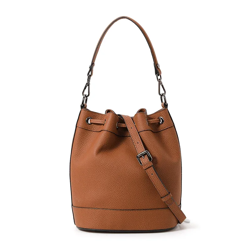 Aidrani New Style Textured Genuine Leather Bucket Bag for Women, Drawstring Closure, Color Block Fashion Shoulder Handbag