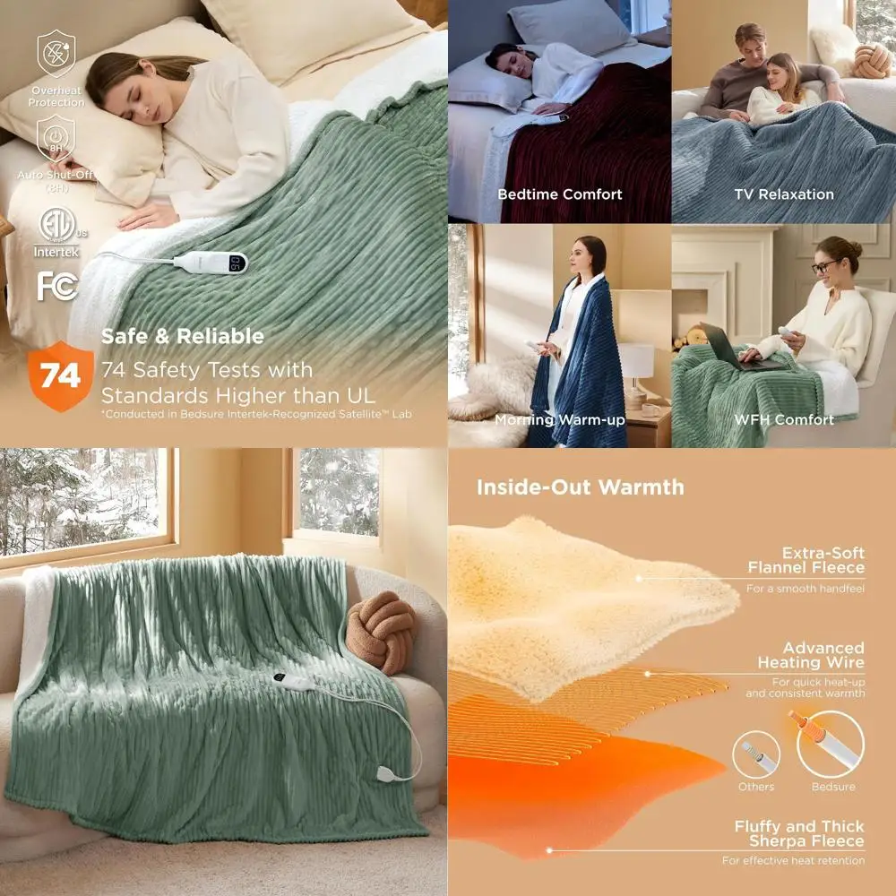 

Full Size Soft Ribbed Flannel Electric Blanket with 6 Heat Levels, 10 Timer Options, 8-Hour Auto-Off, Perfect Gift for Grandma (