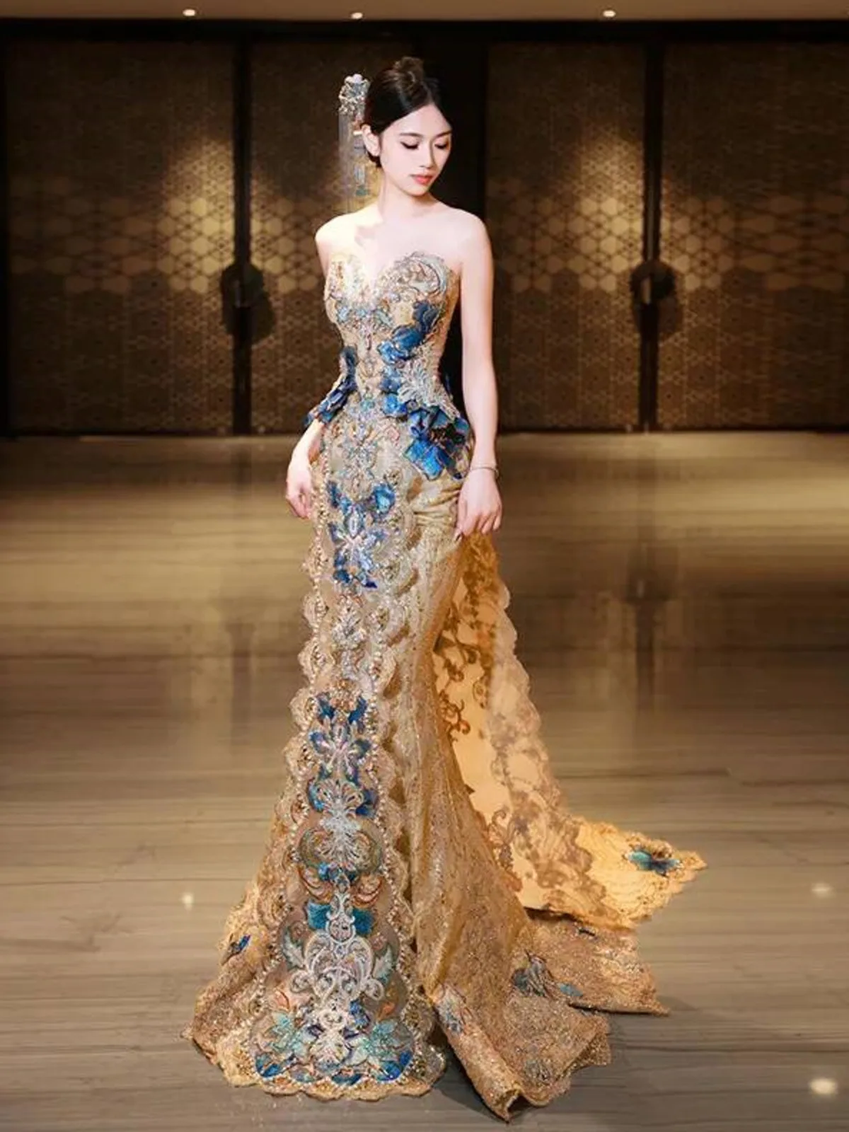 dusty blue prom dress Flower Appliuqed Beaded Dusty Blue Prom Dresses Illusion Tulle Formal Dresses ARD1001 main image 0
