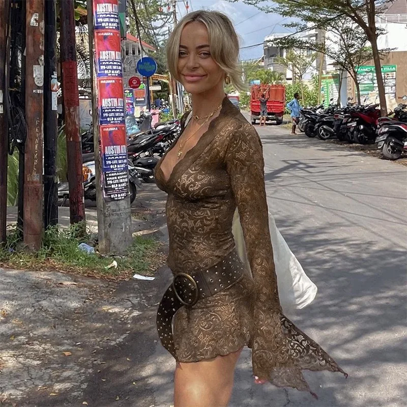 Sexy kanten rand V-Ne Bell Sve afslanken Dr dames fit en flare Dr zomer casual lange Sve bodycon Dr