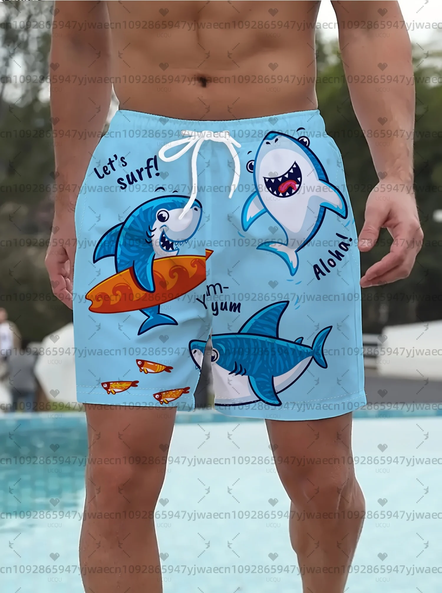 

2026 Men Board Shorts Cartoon blue shark Print Vacation Trunks Drawstring Elastic Quick Dry Hawaiian Beach Shorts Men Clothing