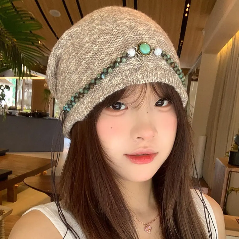 

Ethnic Style Bohemian Beanies Hat Coldproof Keep Warm Knitted Pullover Hat Ear Protection Solid Color Beaded Fringed Cap Girls