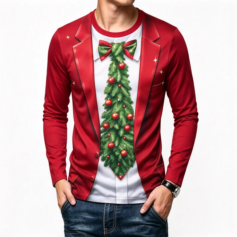 Funny Christmas Style Men's T Shirts Fashion Trend New Year Clothing Casual O-neck Loose Long Sleeve T-shirt Street Hip Hop Tops
