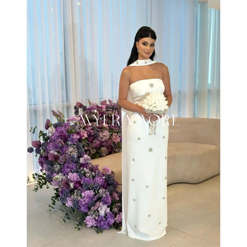 

Customized Saudi Arabic Prom Dresses 2025 Sleeveless White Satin Strapless Long Scarf 3D Flower Mermaid Evening Dress with Slit