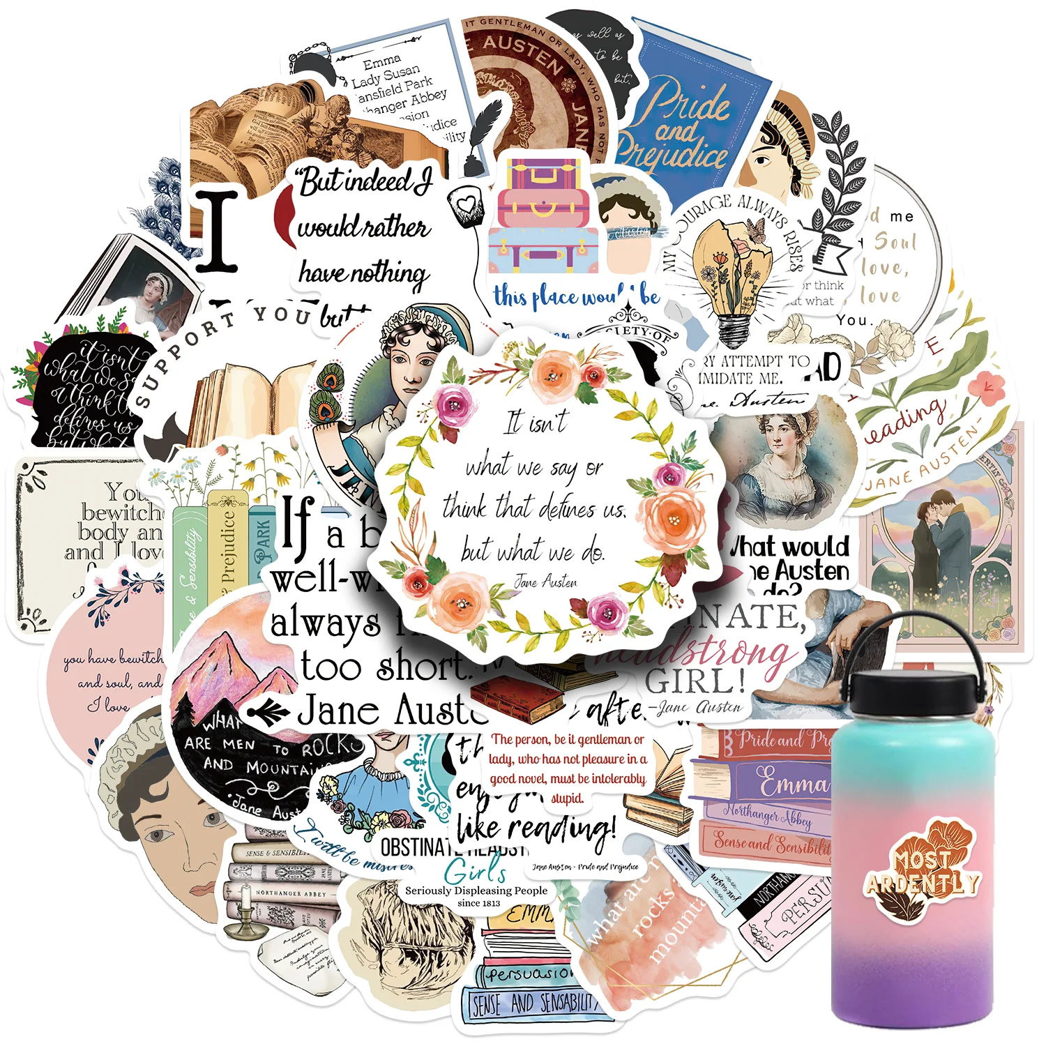 50PCS Famous Writer Jane Austen Vinyl Waterproof Stickers Decals for Water Bottle Laptop Skateboard Scrapbook Luggage Kids Toy